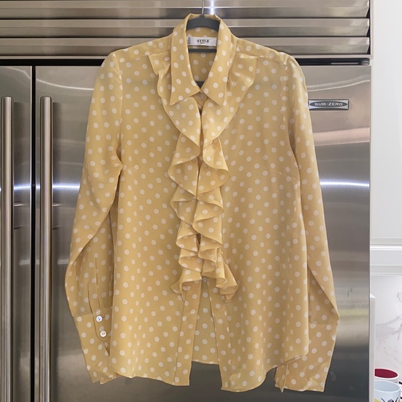 STYLE PARIS MADE IN FRANCE SILK POLKADOT YELLOW RUFFLE BLOUSE - Picture 1 of 9